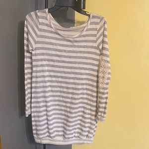 Striped Long Sleeve Women's Shirt Dress with Crochet Elbow Detail - Gray & White